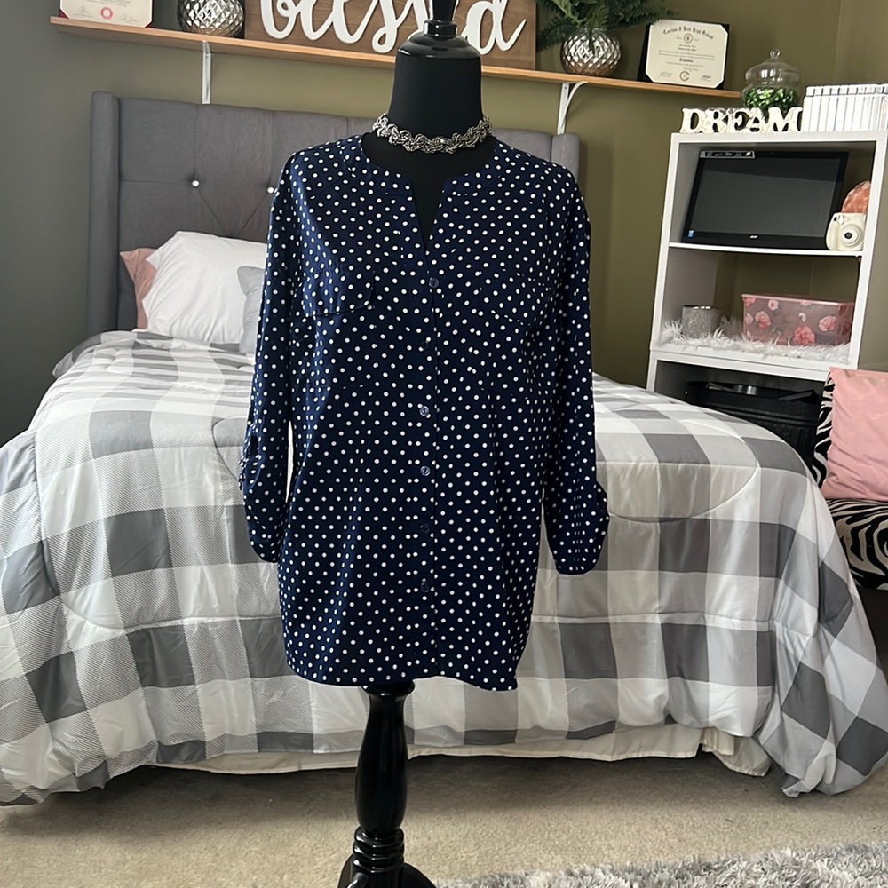 Navy Blue and White Polka Dot Shirt